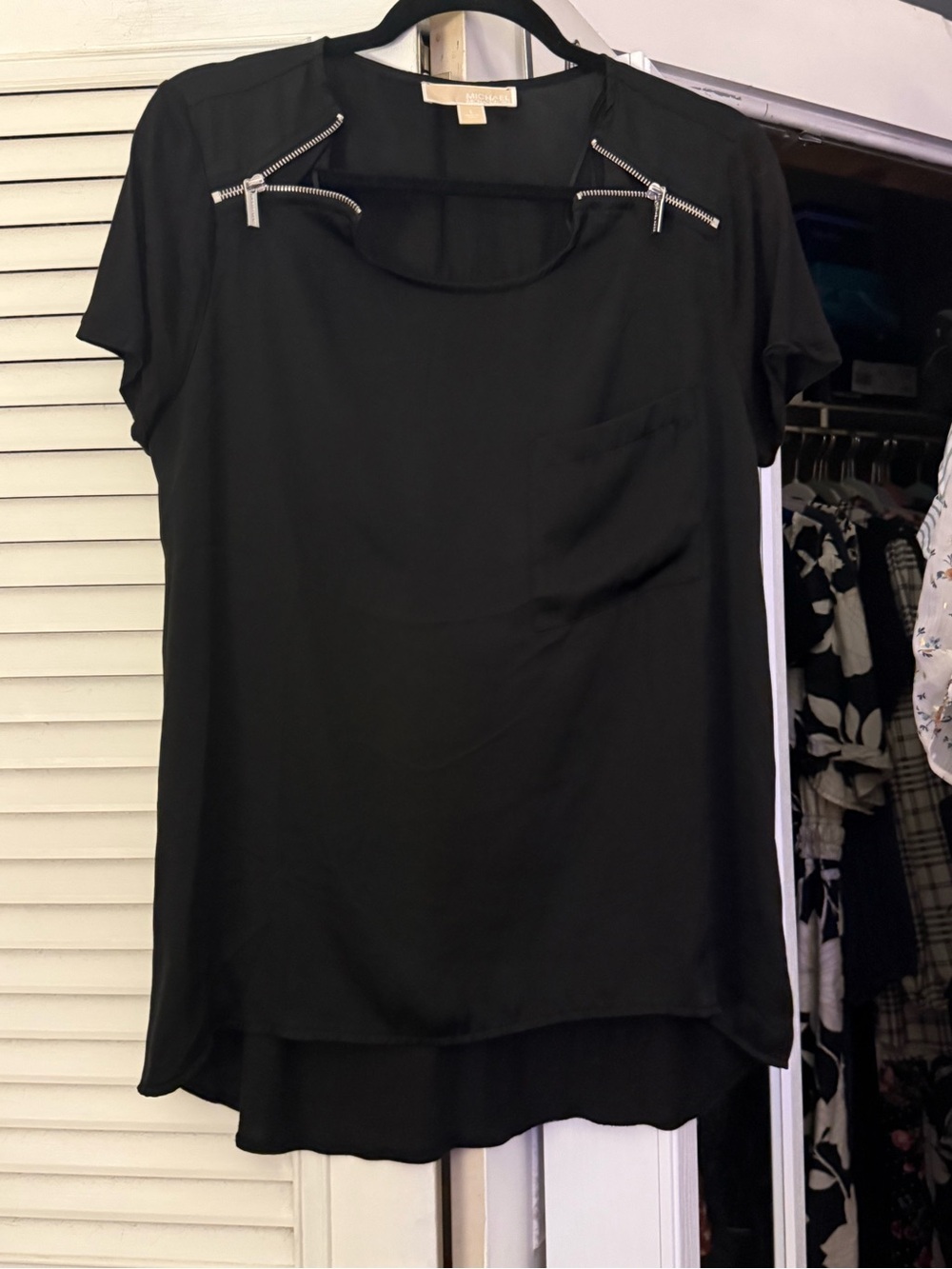 Michael Kors Black Short Sleeve Blouse with Silver Zipper Accents